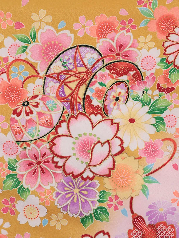 女児産着 お宮参りレンタル2913 オレンジ 鼓 鞠 牡丹 桜