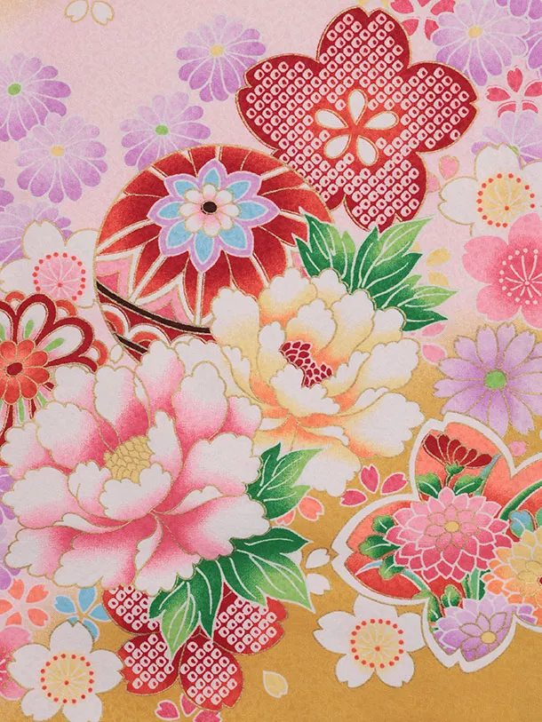 女児産着 お宮参りレンタル2913 オレンジ 鼓 鞠 牡丹 桜