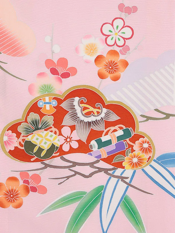 女児産着 お宮参りレンタル2927【正絹】伝産京友禅 ピンク松竹梅