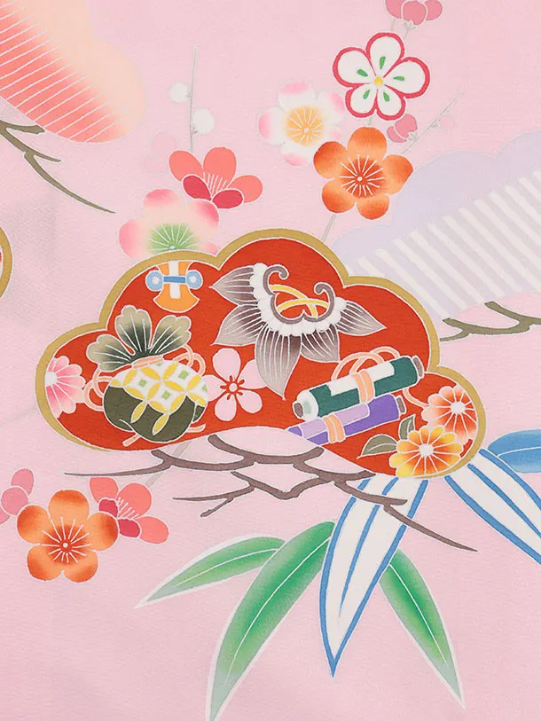 女児産着 お宮参りレンタル2927【正絹】伝産京友禅 ピンク松竹梅