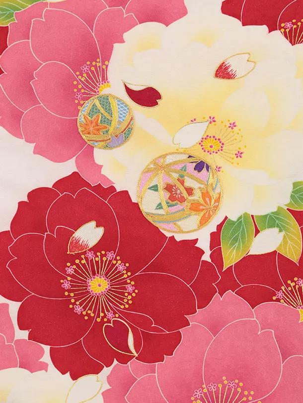 女児産着 お宮参りレンタル2943【正絹】伝産京友禅 白地刺繍鞠 大花