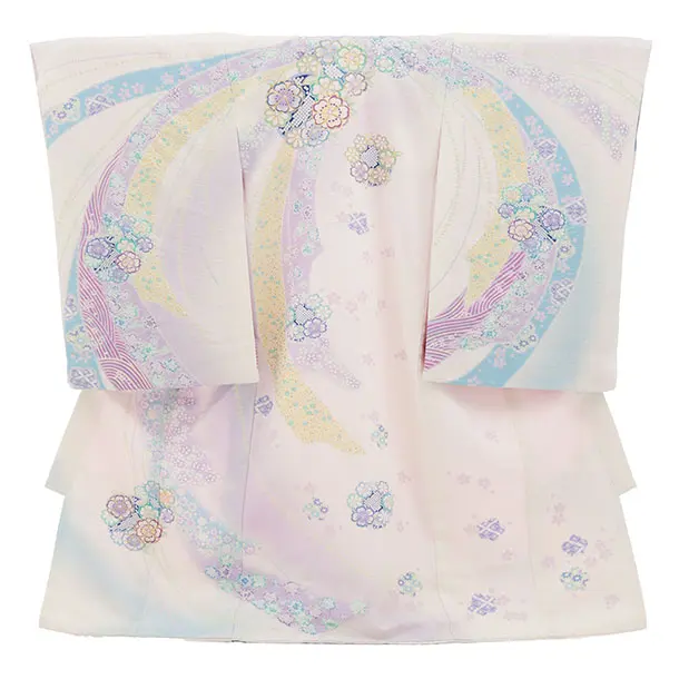 女児産着 お宮参りレンタル2959【高級正絹】滝泰おぼろ染白地  束ね熨斗に花