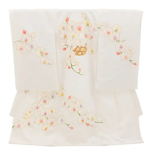 女児産着 お宮参りレンタル2965【高級正絹】伝産京友禅  白地 胡蝶蘭