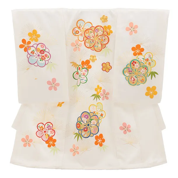 女児産着 お宮参りレンタル2966【高級正絹】伝産京友禅  白地 ねじり梅に松