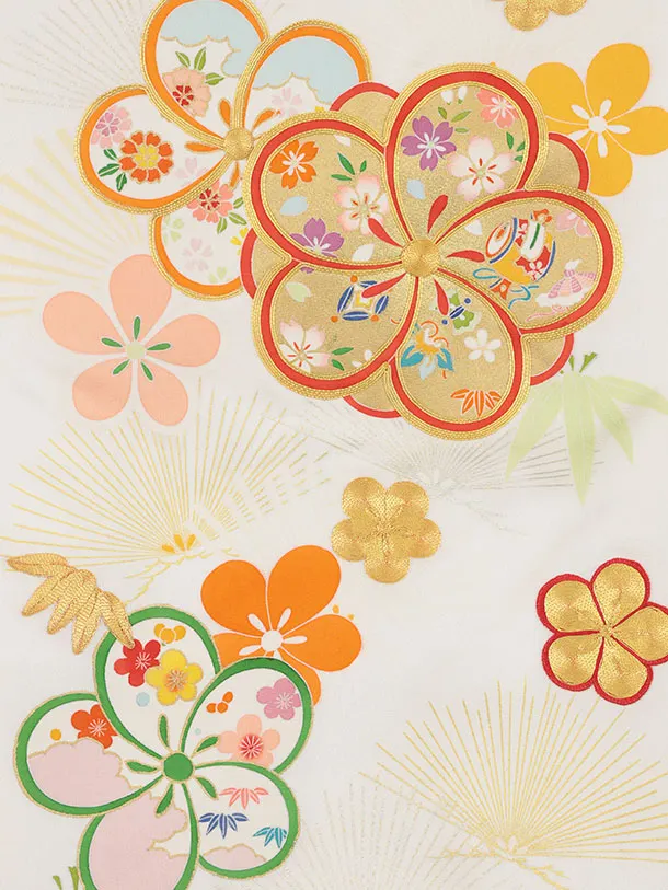 女児産着 お宮参りレンタル2966【高級正絹】伝産京友禅  白地 ねじり梅に松