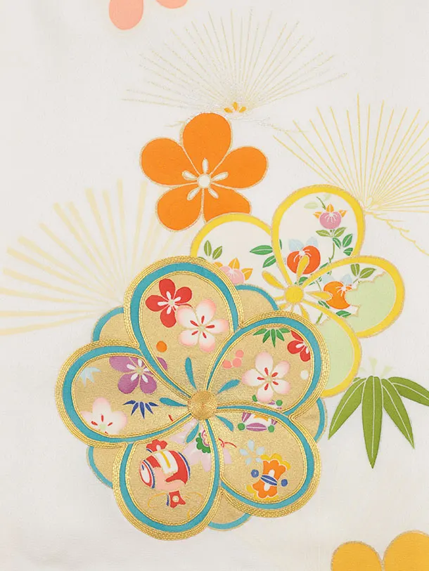 女児産着 お宮参りレンタル2966【高級正絹】伝産京友禅  白地 ねじり梅に松