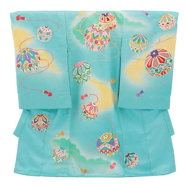 女児産着 お宮参りレンタル2967【正絹】水色地 雲取り まり