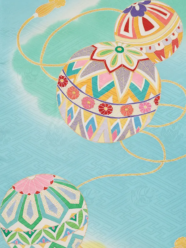 女児産着 お宮参りレンタル2967【正絹】水色地 雲取り まり