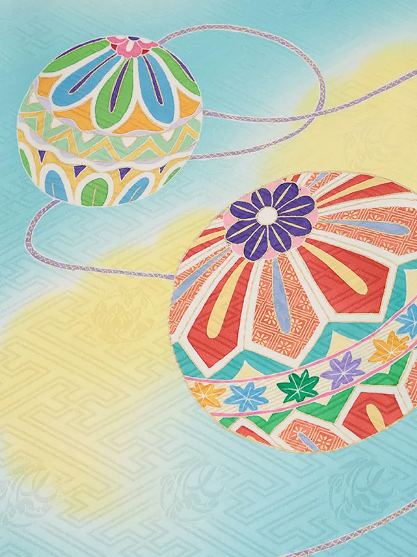 女児産着 お宮参りレンタル2967【正絹】水色地 雲取り まり