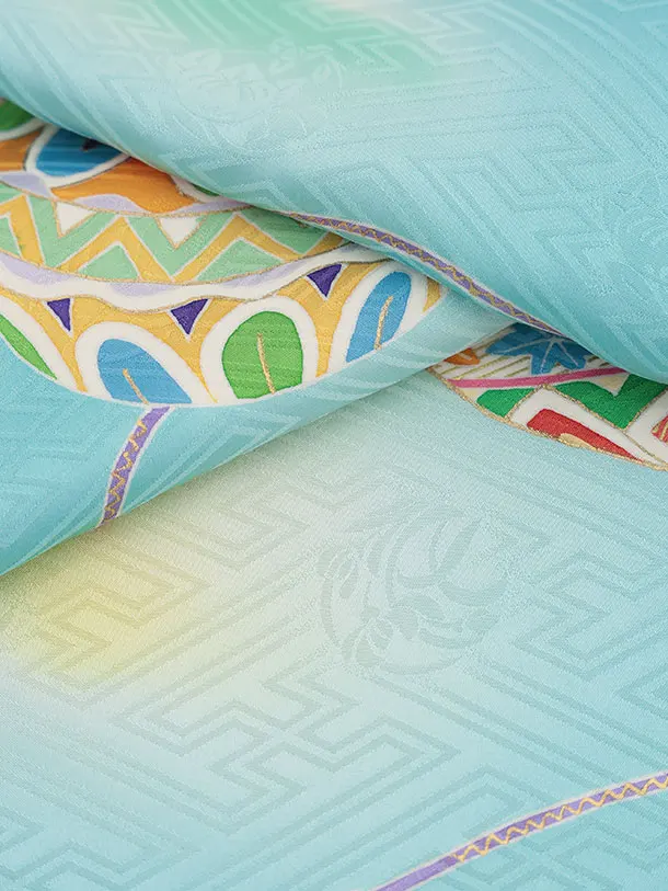 女児産着 お宮参りレンタル2967【正絹】水色地 雲取り まり