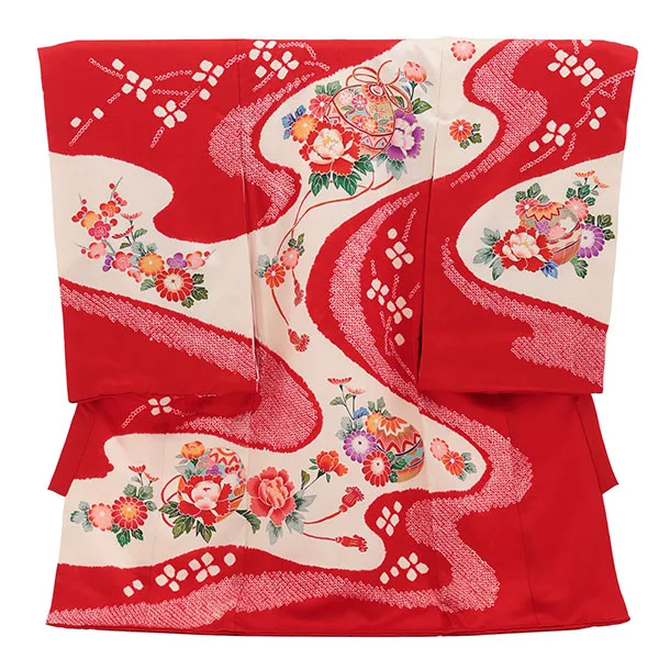女児産着 お宮参りレンタル2968【正絹】赤地 鈴に牡丹 菊