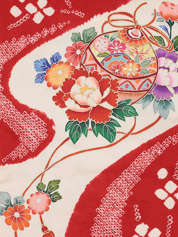 女児産着 お宮参りレンタル2968【正絹】赤地 鈴に牡丹 菊