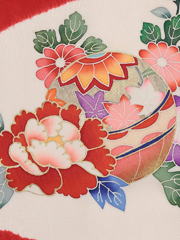 女児産着 お宮参りレンタル2968【正絹】赤地 鈴に牡丹 菊