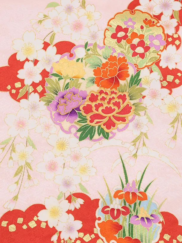 女児産着 お宮参りレンタル2970【正絹】 ピンク地 雲取り雪輪に花