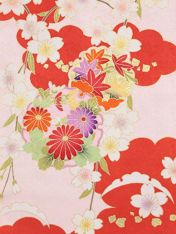 女児産着 お宮参りレンタル2970【正絹】 ピンク地 雲取り雪輪に花