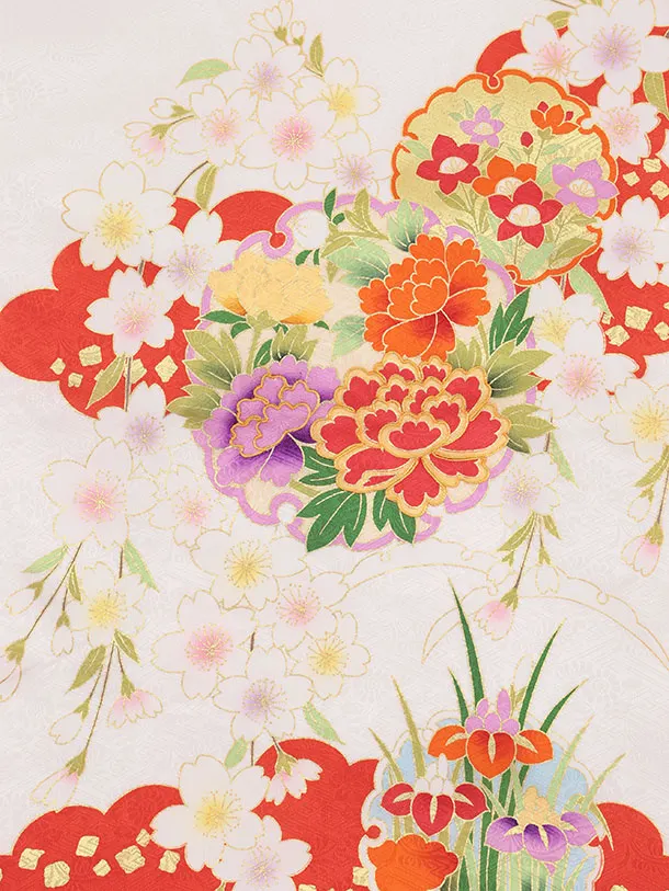 女児産着 お宮参りレンタル2971【正絹】 白地裾赤 雲取り雪輪に花