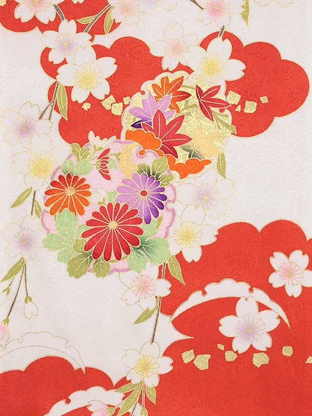 女児産着 お宮参りレンタル2971【正絹】 白地裾赤 雲取り雪輪に花