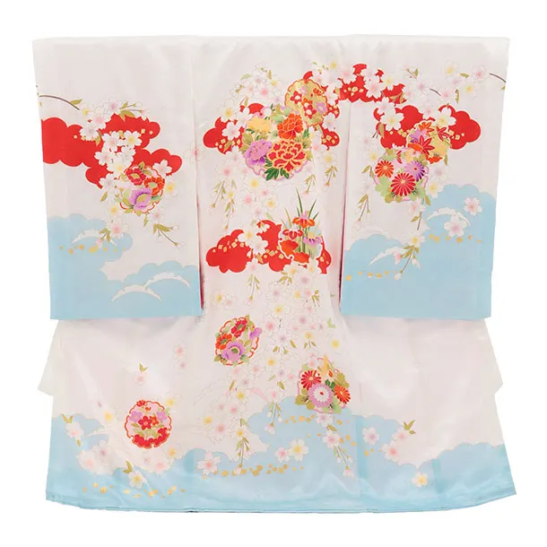 女児産着 お宮参りレンタル2972【正絹】 白地裾水色 雲取り雪輪に花