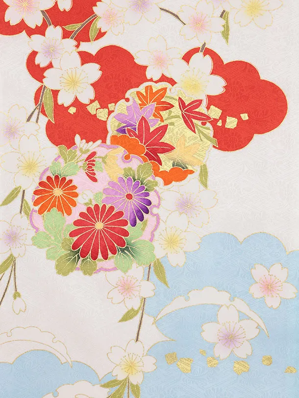 女児産着 お宮参りレンタル2972【正絹】 白地裾水色 雲取り雪輪に花