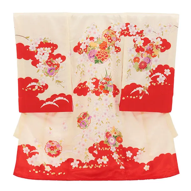 女児産着 お宮参りレンタル2973【正絹】 黄地裾赤 雲取り雪輪に花