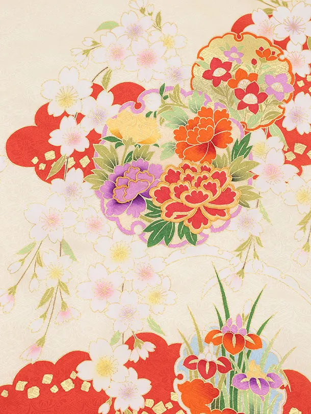 女児産着 お宮参りレンタル2973【正絹】 黄地裾赤 雲取り雪輪に花