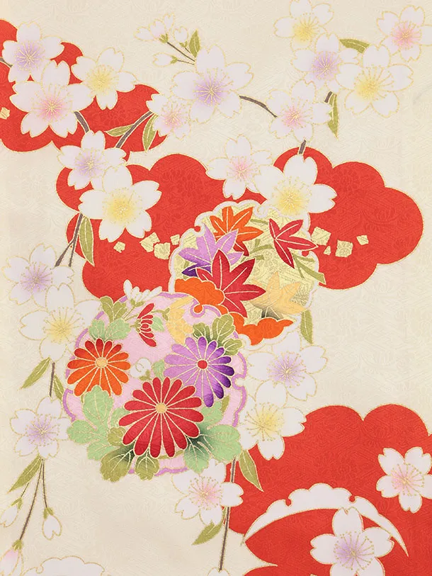 女児産着 お宮参りレンタル2973【正絹】 黄地裾赤 雲取り雪輪に花