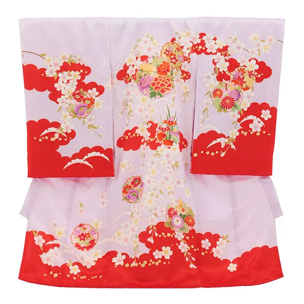 女児産着 お宮参りレンタル2974【正絹】 紫地裾赤 雲取り雪輪に花