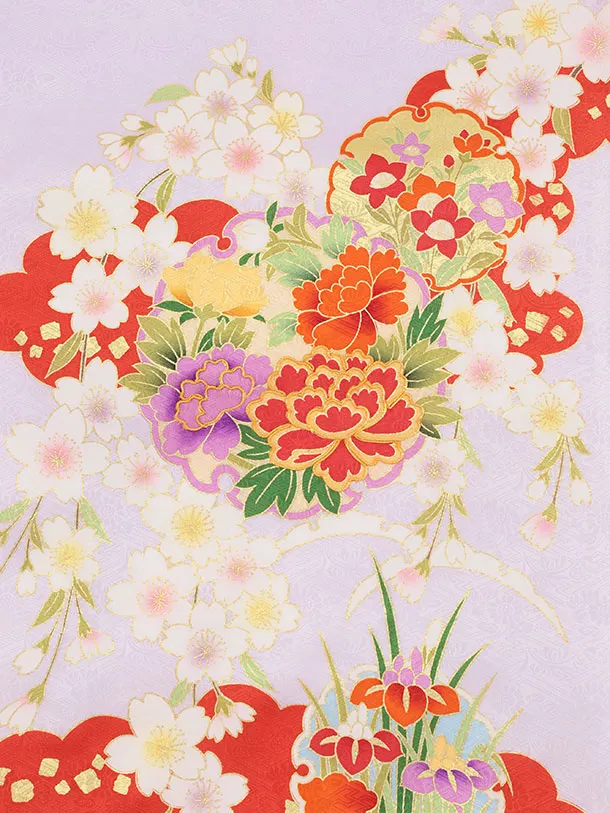 女児産着 お宮参りレンタル2974【正絹】 紫地裾赤 雲取り雪輪に花