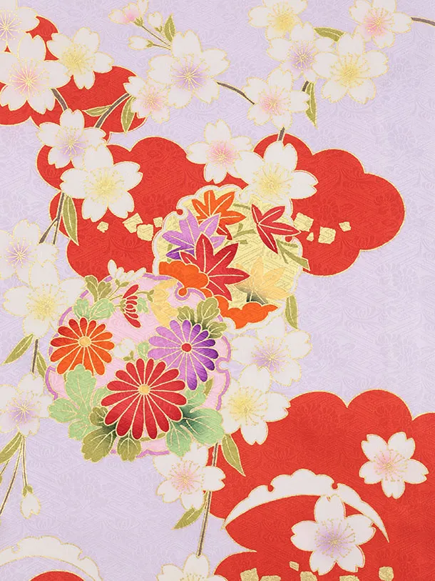 女児産着 お宮参りレンタル2974【正絹】 紫地裾赤 雲取り雪輪に花