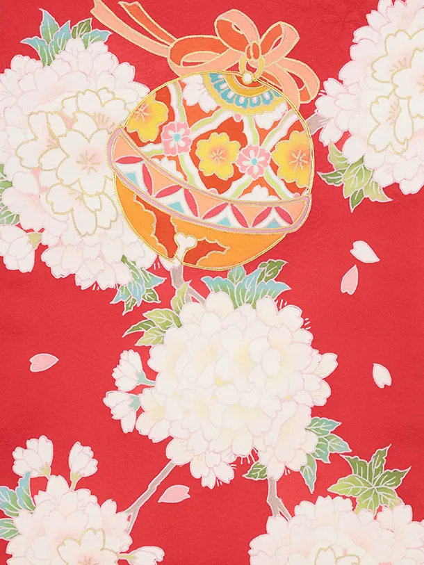 女児産着 お宮参りレンタル2978【正絹】 赤地 鈴に桜薬玉