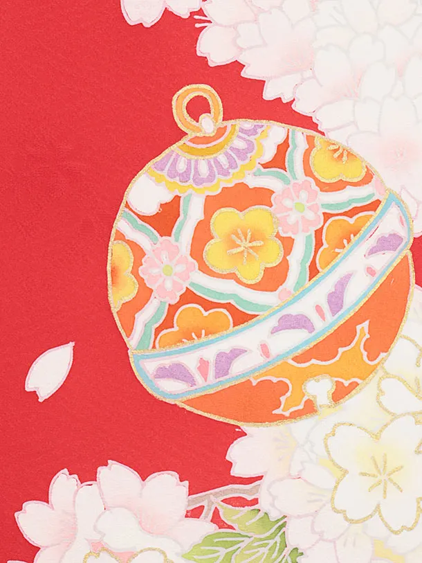 女児産着 お宮参りレンタル2978【正絹】 赤地 鈴に桜薬玉