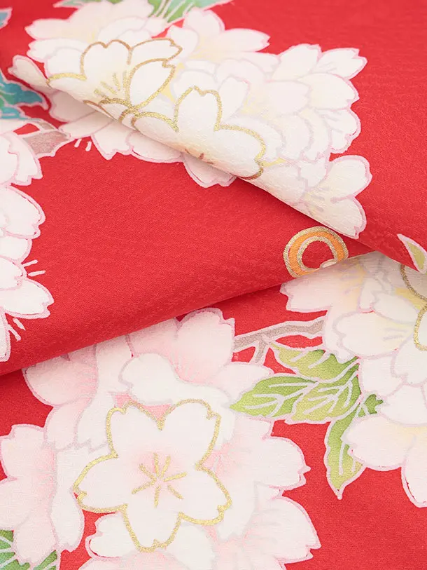 女児産着 お宮参りレンタル2978【正絹】 赤地 鈴に桜薬玉