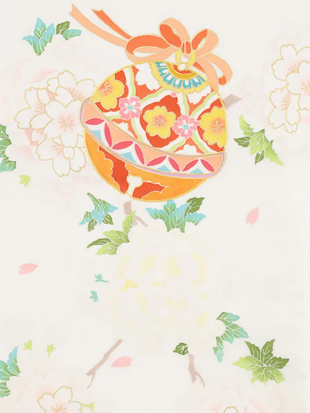 女児産着 お宮参りレンタル2979【正絹】 白地 鈴に桜薬玉