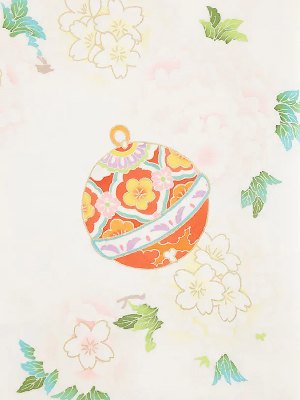 女児産着 お宮参りレンタル2979【正絹】 白地 鈴に桜薬玉