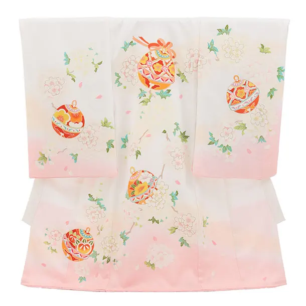 女児産着 お宮参りレンタル2980【正絹】 白地裾ピンク 鈴に桜薬玉