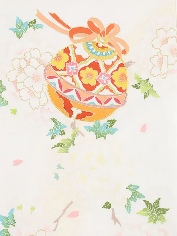 女児産着 お宮参りレンタル2980【正絹】 白地裾ピンク 鈴に桜薬玉