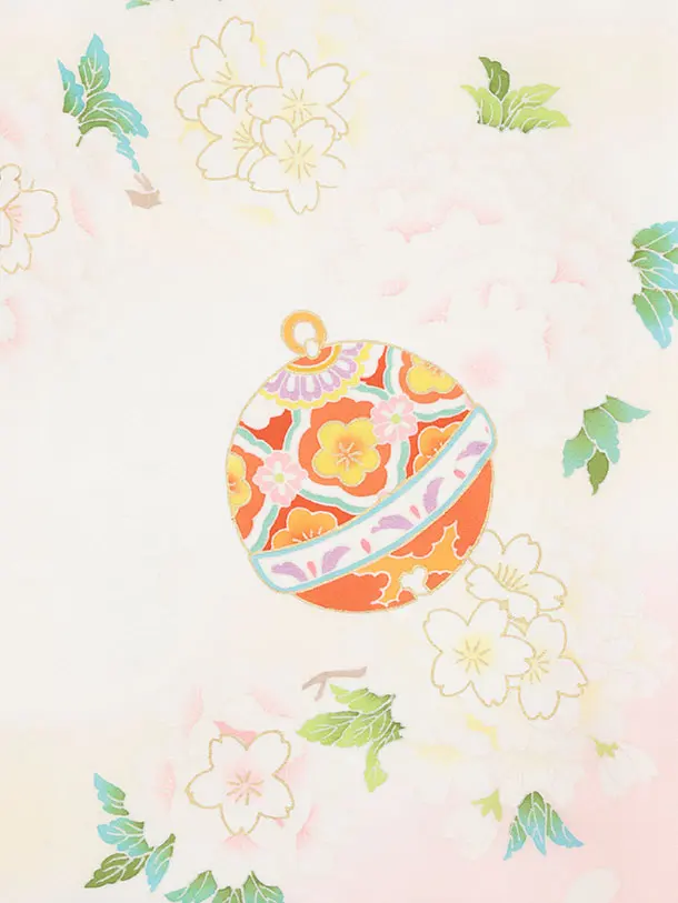 女児産着 お宮参りレンタル2980【正絹】 白地裾ピンク 鈴に桜薬玉