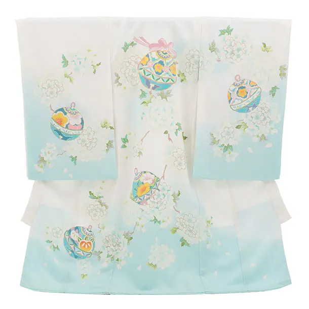 女児産着 お宮参りレンタル2981【正絹】 白地裾水色 鈴に桜薬玉