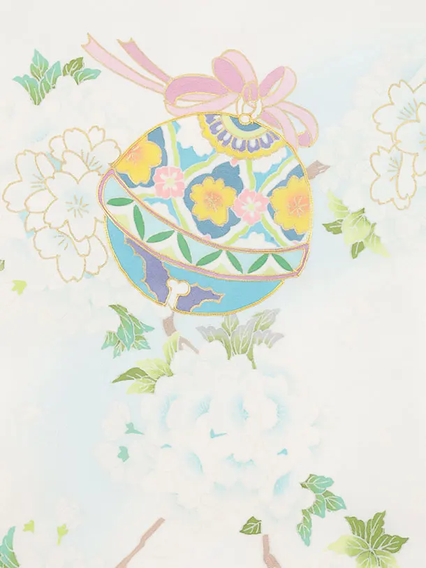 女児産着 お宮参りレンタル2981【正絹】 白地裾水色 鈴に桜薬玉