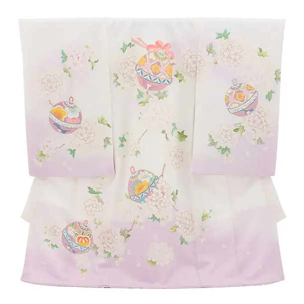 女児産着 お宮参りレンタル2982【正絹】 白地裾紫 鈴に桜薬玉