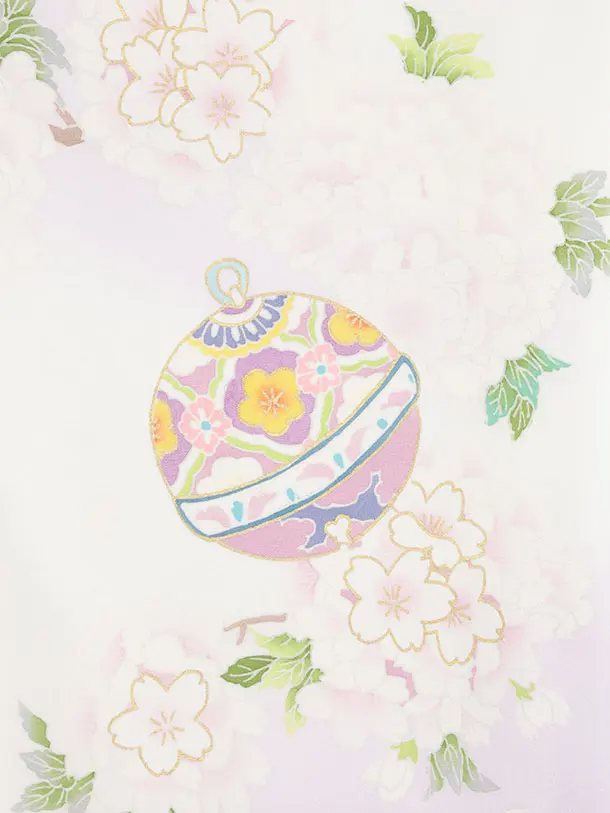 女児産着 お宮参りレンタル2982【正絹】 白地裾紫 鈴に桜薬玉