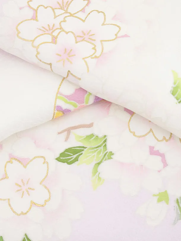 女児産着 お宮参りレンタル2982【正絹】 白地裾紫 鈴に桜薬玉