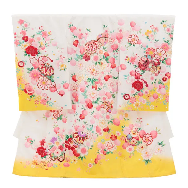 女児産着 お宮参りレンタル2985【正絹】 白地裾黄色 鞠に花づくし