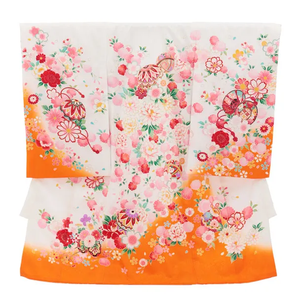 女児産着 お宮参りレンタル2986【正絹】 白地裾オレンジ 鞠に花づくし