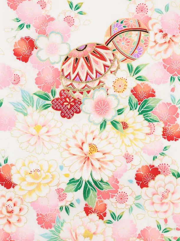 女児産着 お宮参りレンタル2986【正絹】 白地裾オレンジ 鞠に花づくし