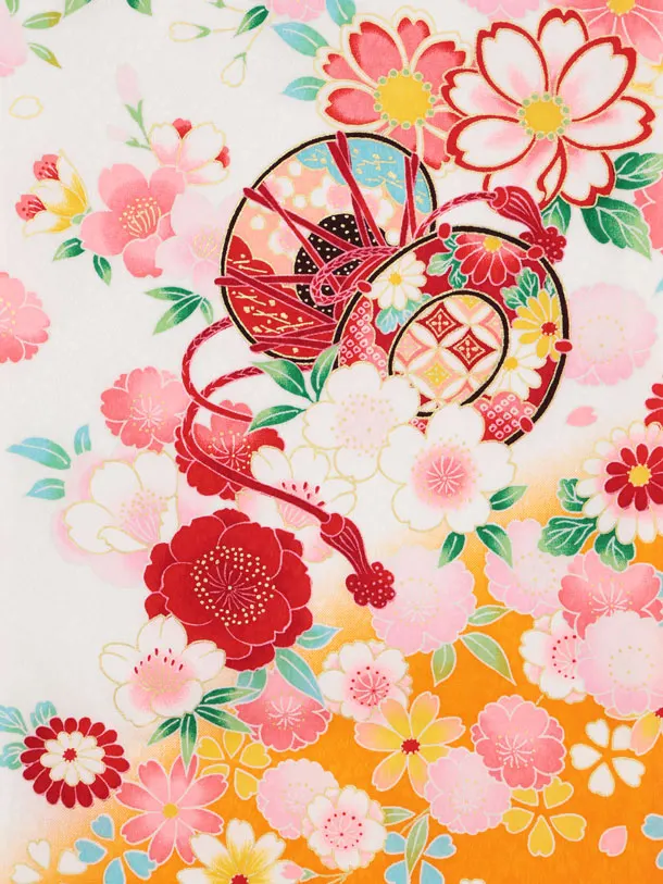 女児産着 お宮参りレンタル2986【正絹】 白地裾オレンジ 鞠に花づくし