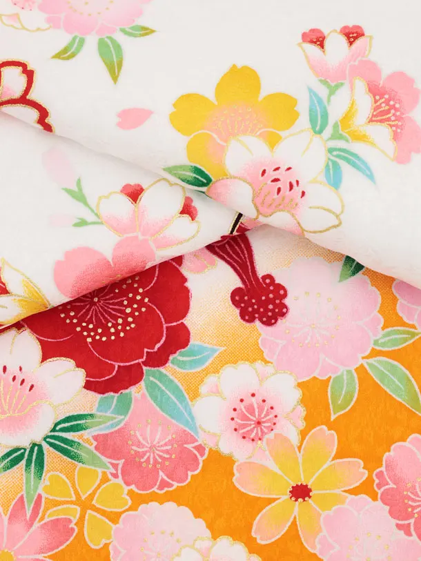 女児産着 お宮参りレンタル2986【正絹】 白地裾オレンジ 鞠に花づくし