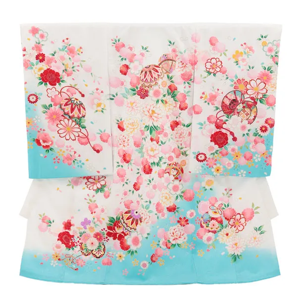 女児産着 お宮参りレンタル2987【正絹】 白地裾水色 鞠に花づくし