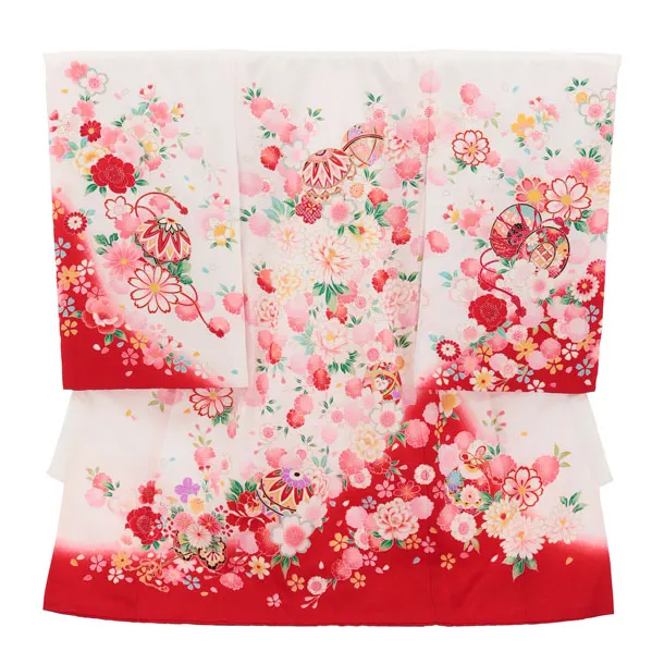 女児産着 お宮参りレンタル2988【正絹】 白地裾赤 鞠に花づくし