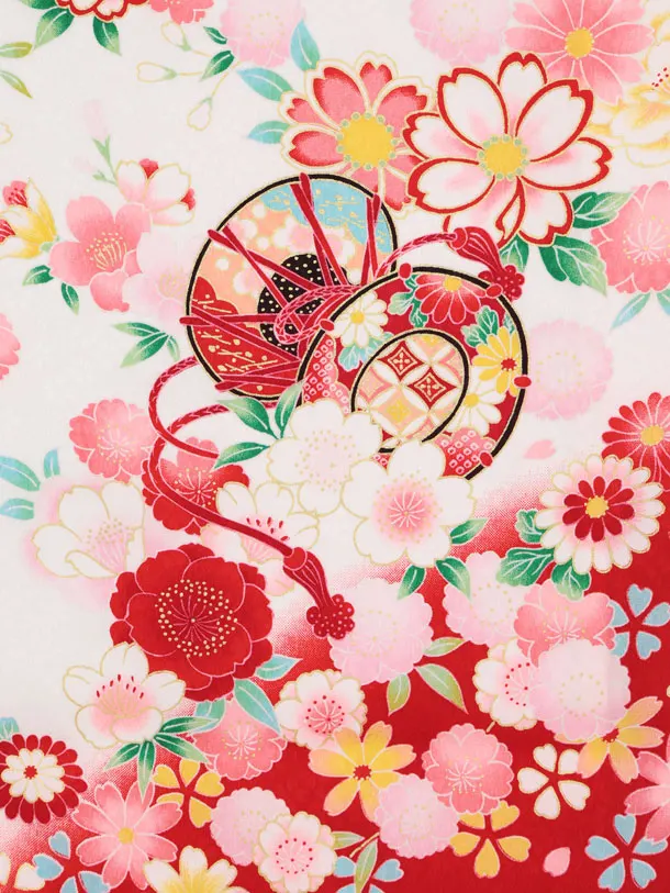 女児産着 お宮参りレンタル2988【正絹】 白地裾赤 鞠に花づくし